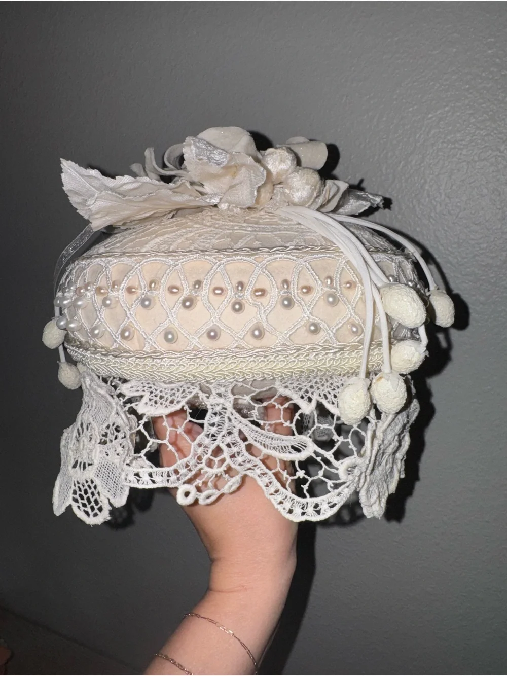 Ivory Ring bearer beaded lace pillow.
